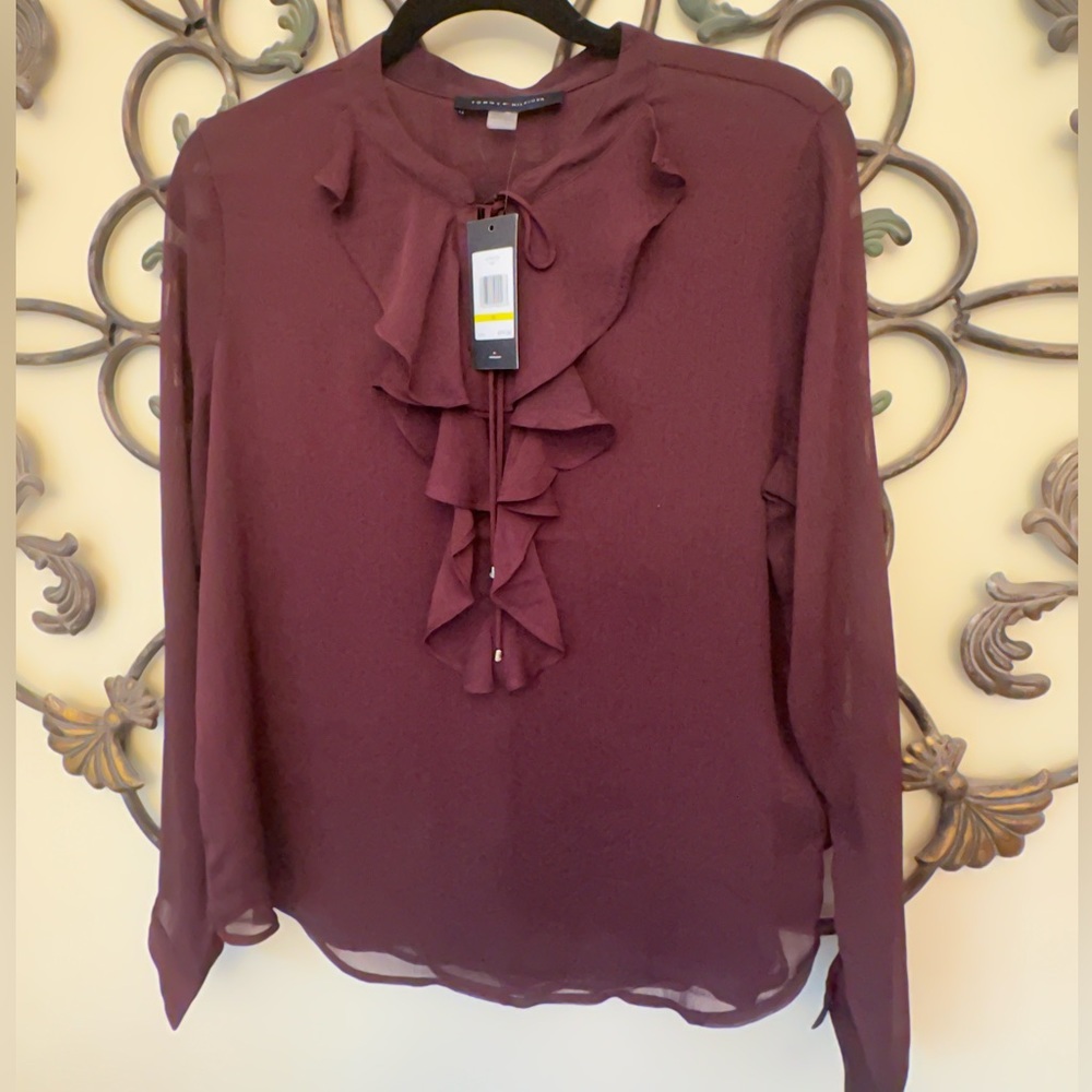 Tommy Hilfiger aubergine blouse with long sheer sleeves